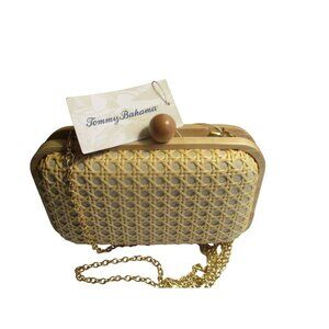 *Tommy Bahama Woven Rattan Clutch w Gold Chain Strap Wooden Knob Kiss Closure